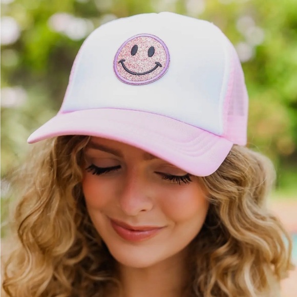 Accessories - Pink Glitter Smiley Face Patch Trucker Hat